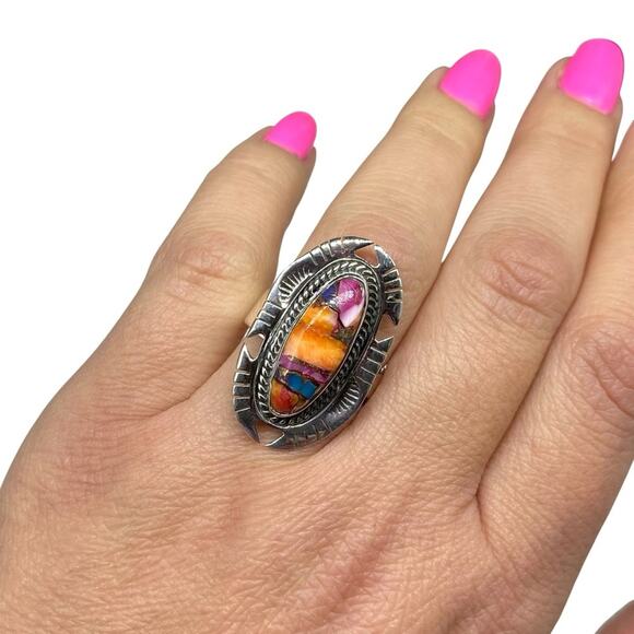 Kingman Pink Dahlia Turquoise Spiny Oyster Ring Adjustable 925 Sterling Silver - Picture 3 of 8